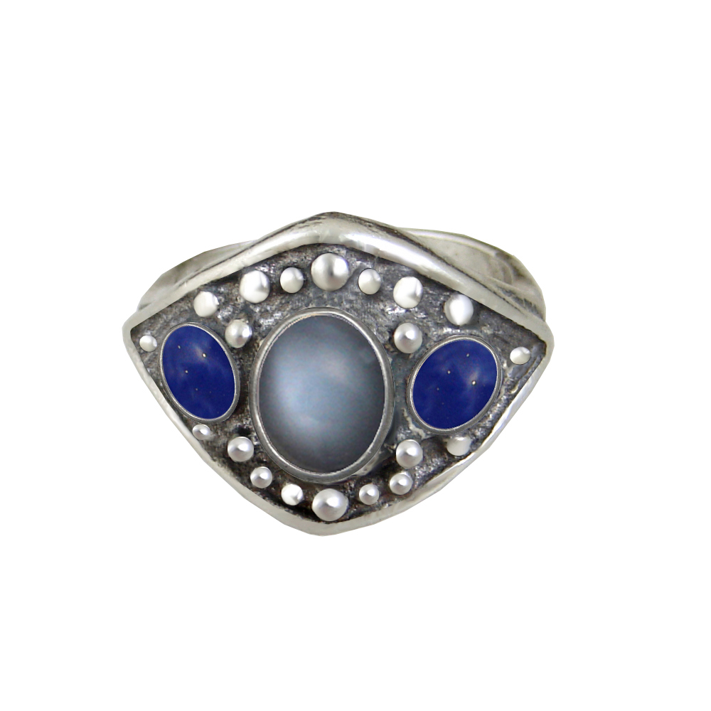 Sterling Silver Medieval Lady's Ring with Grey Moonstone And Lapis Lazuli Size 8